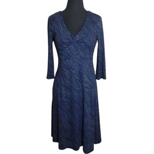 Horny Toad blue tan printed v neck pleat rosalinda sheath dress size small